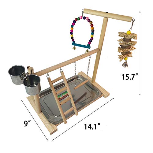 Hamiledyi Parrot Playground Bird Play Stand Play Gym with Feeder Cups,Swings, Ladder and Tray, Wood Parakeet Playground Outside Cage for Cockatiel Lovebird Budgie