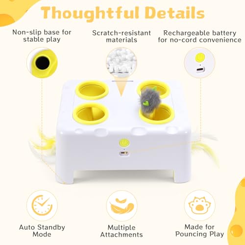 Interactive Cat Feather Toy Cheese Box 3in1 Whack a Mole - color: White