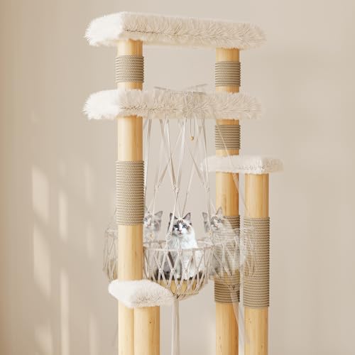 70" Modern Solid Wooden Cat Tree Tower for Large Adult Indoor Cats, Multi-Level Luxury Cat Furniture with Sisal Scratching Post & Hammock, White
