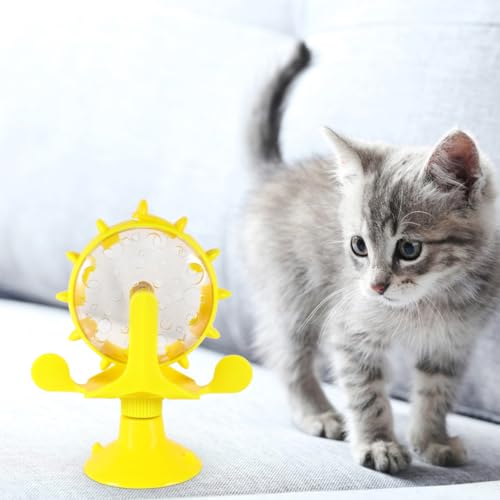 Cat Feeding Toy Rotating Windmill Treat Dispenser Interactive Pet Slow Food Toy with Food Leakage Hole Helps Slow Eating and .11 X 1.57 X 6.69 in - color: Yellow