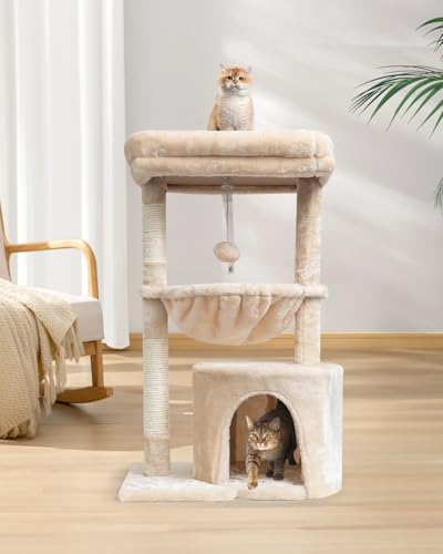 SYANDLVY Small Cat Tree for Indoor Cats, Kittens Condo with Scratching Post - color: Beige