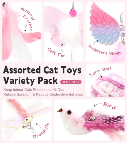 SONGWAY Interactive Cat Wand Toy Set - Retractable Cat Teaser Wand with 8 PCS Cat Toy Attachments, Dragonfly Butterfly Bird Mouse Yarn Ball Tassel Feather Cat Toy Refills for Indoor Cats Kittens, Pink - color: Pink