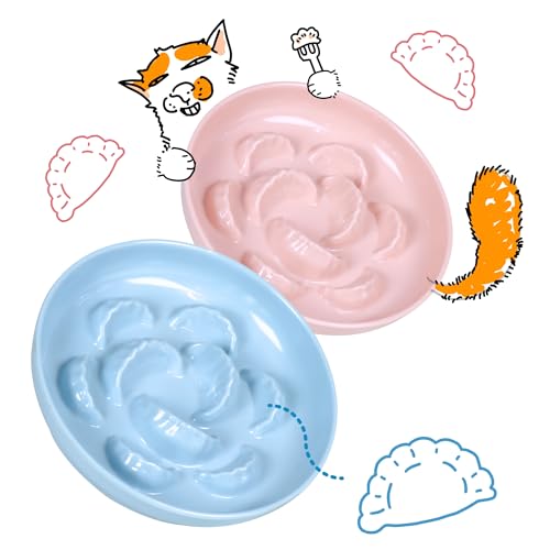 2 Pcs Cat Slow Feeder Bowl for Dry & Wet Food - Unbreakable Melamine Cat Food Plates for Slow Eating - Cute Kitten Bowl - Whisker Friendly & Dishwasher Safe & Non Slip Design (Blue + Pink) - color: Blue + Pink