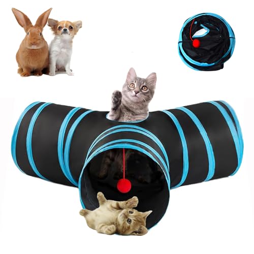 3-Way Collapsible Cat Tunnel Tube Toy Black Blue - color: Black Blue