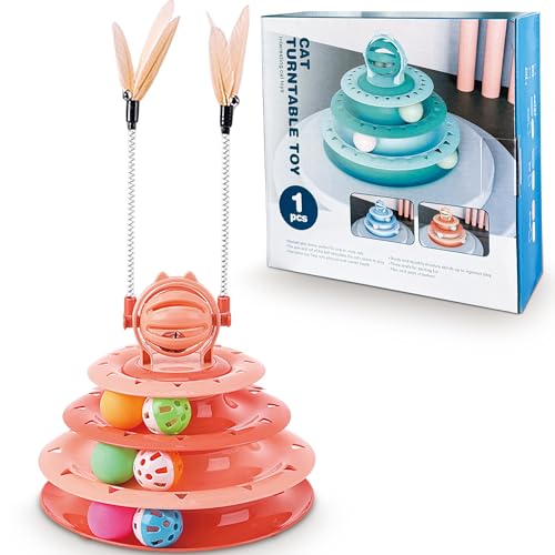 Vealind Cat Toy Roller 4-Level Turntable Cat Toys Balls with 14 Pcs Colorful Pom Pom Balls Interactive Fun Mental Physical Exercise Puzzle Kitten Toys (Orange) - color: Orange