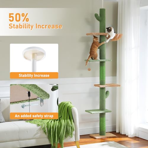 PAWZ Road Cactus Floor-to-Ceiling Cat Tree 5-Tier Cat Tower with Hammock - color: Green, size: Free Stand