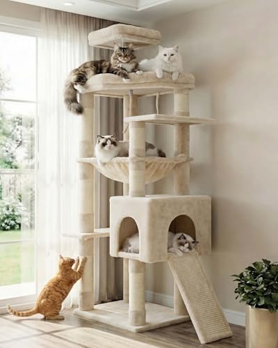 Heybly 64.2" Heavy-Duty Cat Tree for Large Cats with Wide Base HCT027M - color: Beige, size: 64.2 inch