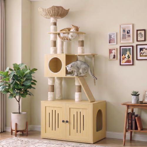 Garvee Tall Cat Tree with Litter Box Enclosure, 66.9-Inch Cats Condo, Multi-Level Perch & Scratching Posts for Cat - color: Wood
