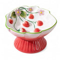 Ceramic Slow Feeder Cat Bowl, Cute Strawberry Elevated Cat Bowl for Wet & Dry Food, Raised Ceramic Cat Food Bowl with Whisker-Friendly Wide Shallow Design, Slow Feeder for Slower Eating