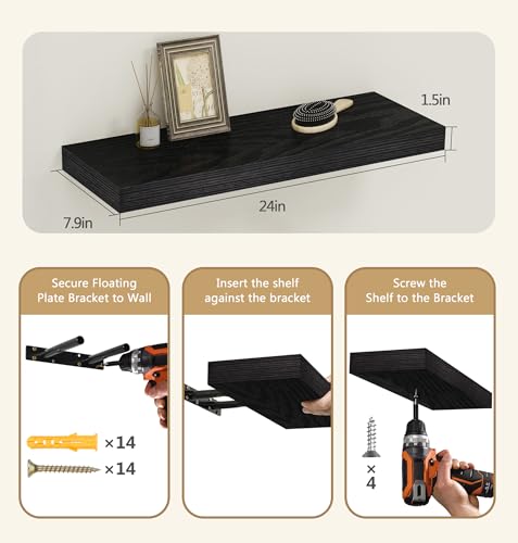 Vervida® Black Floating Wall Shelves 24in Deep Set of 3 Holds 37lbs - color: Black, size: 24x7.9 (3Pcs)