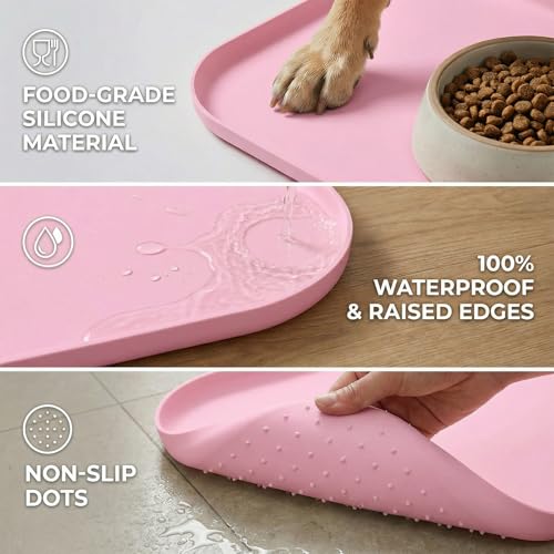 BLESWIN Waterproof Silicone Pet Feeding Mat Pink with Raised Edge,24" x 16"Non-Skid Spill Proof Dog Bowl Mats, Easy Clean Cat Bowls Placemat for Cats and Dogs - color: Pink, size: 60 x 40 cm