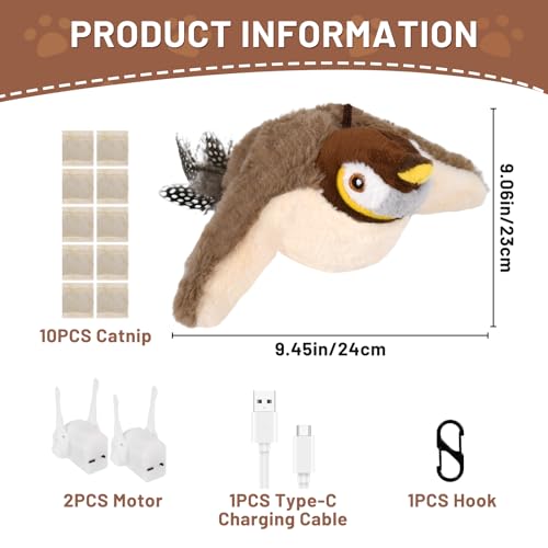 Esoes Flapping Bird Cat Toy, Rechargeable Chirping Catnip Toy, Does Not Fly - color: brown