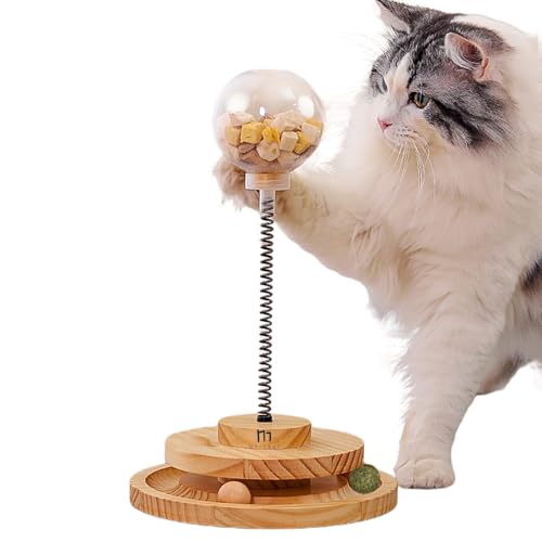 Marchul Cat Puzzle Feeder, Interactive Cat Toy with Treat Dispenser & Roller Track Ball, Wooden Slow Feeder Ball for Indoor Cats, 3-in-1 Food Puzzle Toy for Mental Stimulation
