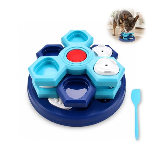 Slow Feeder Puzzle Dog Bowl, 4-Layer Rotating Interactive Pet Feeder with 7 Removable Covers, Silicone Spatula & Non-Slip Base, Blue