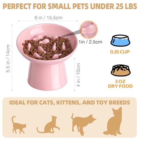 Ceramic Elevated Slow Feeder Cat Bowl - 6" Raised Cat Food Bowl for Bloat Relief & Anti-Vomiting, Whisker Friendly Ceramic Cat Slow Feeder for Indoor Cats, Kittens, Puppies - Pink(1pc) - color: Pink