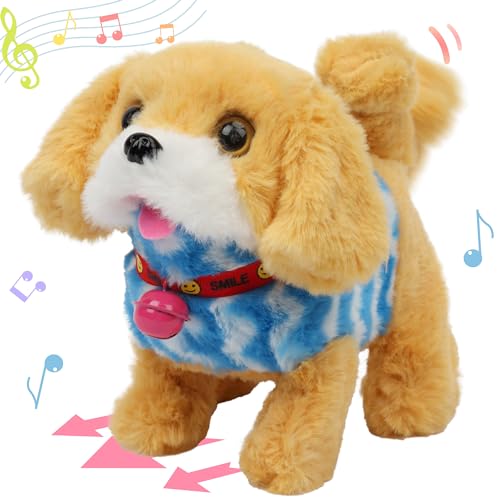 Hopearl Walking Dog Golden Retriever in Blue Vest Interactive Electronic Pet Plush Toy Puppy Woof and Moving Animated Nodding Head Gift for Toddlers Birthday, Brown, 7'' - style: Dog-Blue Vest