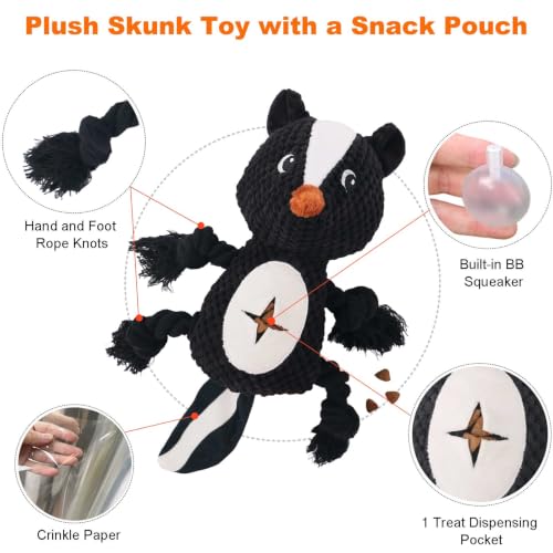 Dog Squeaky Chew Toy, Plush Crinkle Rope Dog Toy - Black Skunk - color: Black Skunk