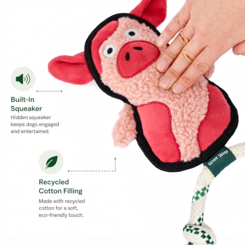 Green Sheep Squeaky Plush Dog Toy, Interactive Rope Toy with Recycled Materials for Tug, Fetch and Play, Medium to Large Dogs, Chew Toy, Pig - color: Pig