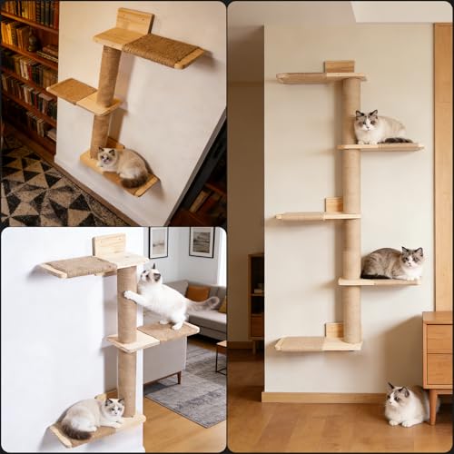 Tall Wall Cat Tree 50"‌, Wood Cat Wall Shelves Wall-Mounted Scratching Post - size: 4-Tier Cat Tree, Natural Jute Color