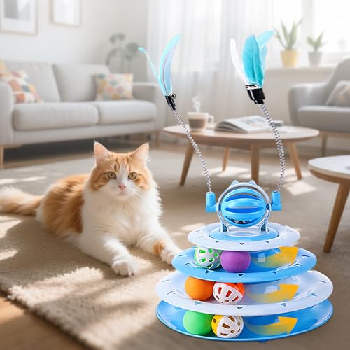 Vealind Cat Toy Roller 4-Level Turntable Cat Toys Balls with 14 Pcs Colorful Pom Pom Balls Interactive Fun Mental Physical Exercise Puzzle Kitten Toys (Blue) - color: Blue