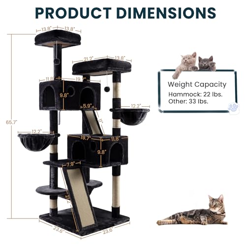 SHA CERLIN 65in Larger Cat Tree Tower Condo for Indoor Kitties/Multi-Level Furniture Activity Center with Wide Base/Cozy Plush Cat Perches/Baskets/Sisal Scratching Posts and Hammock/Dark Grey - color: Dark Grey