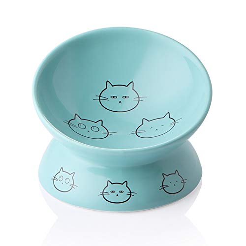 Sweejar Ceramic Raised Cat Bowls, Slanted Cat Dish Food or Water Bowls, Elevated Porcelain Pet Feeder Bowl Protect Cat's Spine, Stress Free, Backflow Prevention (Turquoise) - color: Turquoise, style: 5 Inch
