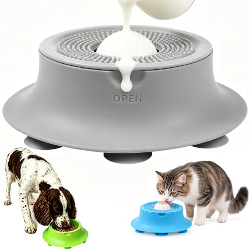 Slow Feeder Dog Bowl Lick Mat with Rolling Ball for Dog & Cat, Silicone - color: Grey