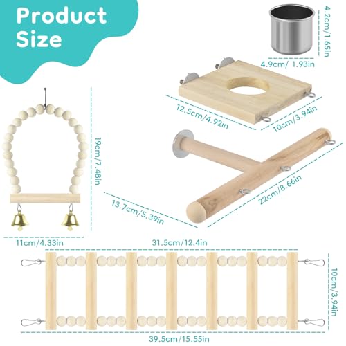 DBNESS 5in1 Bird Toys, Birdie Perches Platform Swing with Stainless Steel Feeding Cup Climbing Ladder, Wooden Play Gym for Cockatiels Lovebirds Budgies Pacific Parrotlets Finch Canaries - size: 5 in 1
