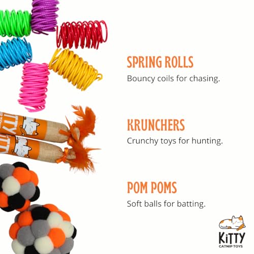 Kruncher Set, 34 to 44 Piece Interactive Cat Toy, Variety Pack Includes 2 Burlap Crinkle Kicker Toys with Feathers 30 Durable Cat Springs and 2 Soft Plush Pom Poms for Indoor Cats.