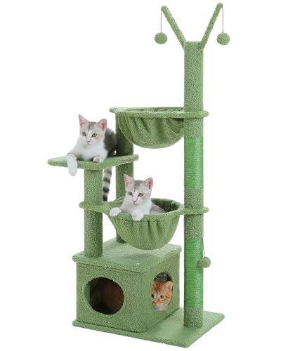 MUTTROS Cactus Cat Tree, 47.6" Cat Tower with 2 Metal Frame Hammock, Cat Scratching Post for Indoor Cats with 2 Removable Pompom Sticks for Kittens, Green - color: Cactus Green, size: 47.6"