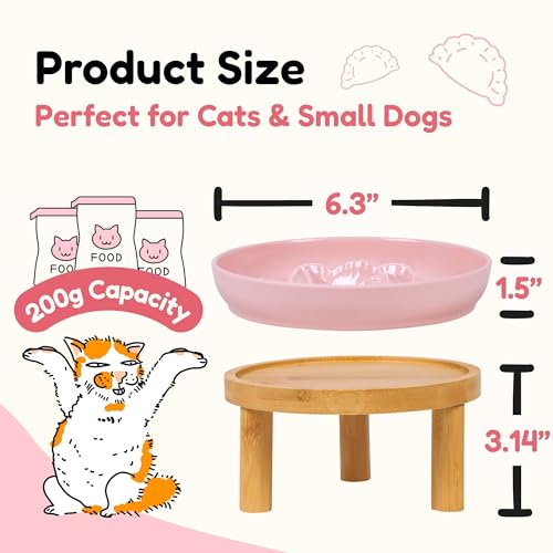 Slow Feeder Bowl, 6.3″ Elevated Cat Bowl with Stand, Melamine Wide Shallow Food Bowl, Whisker-Friendly Raised Plate, Wet Food Feeder for Slow Eating (Pink) - color: Pink, size: 6.3''W x 5''H