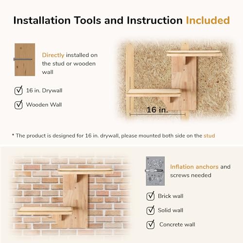 FUKUMARU Cat Wall Shelves, 2 Platform Kitten Wall Furniture, Tree Shape Wall-Mounted Floating Shelf with Sisal Mat, Solid Rubber Wood Cats Perch for 16 Inch Drywall, Suitable for Climb, Play, Nap - color: Sisal mat