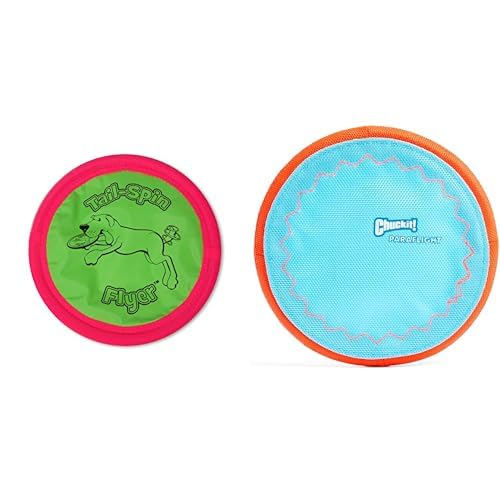 Booda Tail-Spin 7-Inch Multi-Color Flyer & Chuckit! Paraflight 6.75" Small Dog Flying Disc Bundle - Floating Water Dog Frisbees