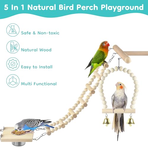 DBNESS 5in1 Bird Toys, Birdie Perches Platform Swing with Stainless Steel Feeding Cup Climbing Ladder, Wooden Play Gym for Cockatiels Lovebirds Budgies Pacific Parrotlets Finch Canaries - size: 5 in 1