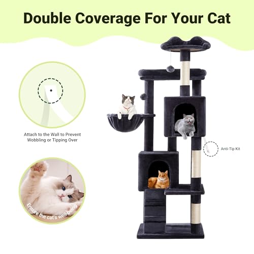 Allewie 64 Inches Multi-Level Cat Tree Tower for Indoor Cats, Dark Grey - color: Dary Grey