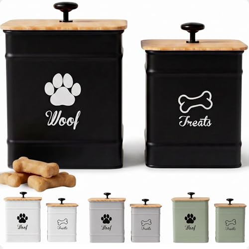 Dog Treat Container Airtight Set of 2 - 8x6 & 7x5 inch Iron Dog Treat Jars for Kitchen Counter with Airtight Bamboo Lids - 20 Cup Capacity Pet Treat Container Set - Doggie Cookie Jar - Treats Canister - color: Black - Large