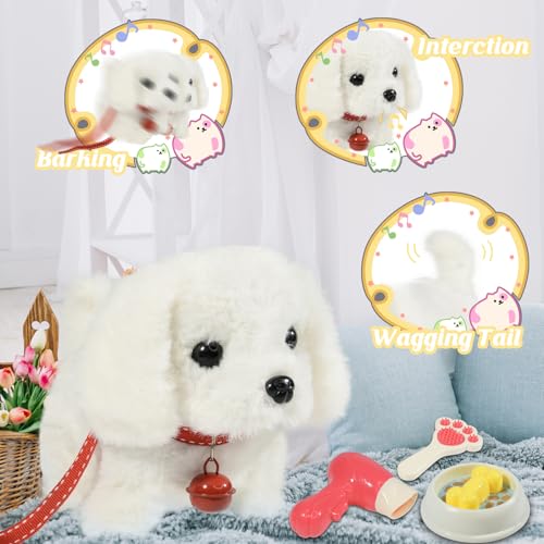 Plush Toys Walking Dog Toys that Can Walk, Bark and Wag Tail,Interactive Electronic Pet Toys Puppy with Leash,Easter Christmas Birthday Gift for Toddlers Kids - color: White Dog