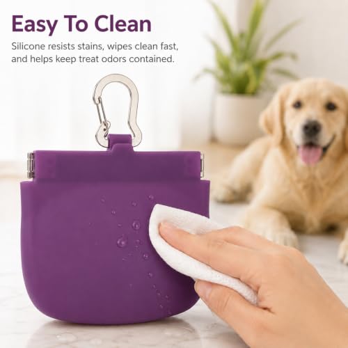 Silicone Dog Treat Pouch for Pet Training One-Hand Access One Cup Silicone Treat Bag with Pull Tab and Auto Closing Lid Treat Pouches for Leash(Color: Purple) - color: Purple