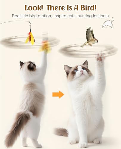Pawaboo Cat Feather Wand Interactive Toy, 2 Feathers + 1 Wand with Bell - color: Yellow + Red Brown