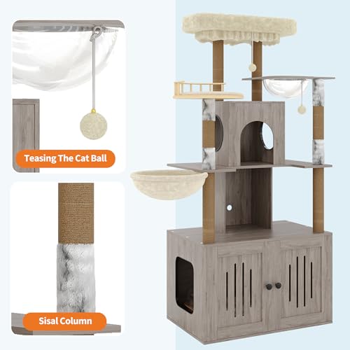 Cat Tree with Litter Box Enclosure, Multi-Level Cat Tower with Hidden Litter Box Furniture, Large Plush Top Perch, Sisal Scratching Posts, Cat Condo & Hammock for Indoor Cats, Living Room,Grey - color: Grey