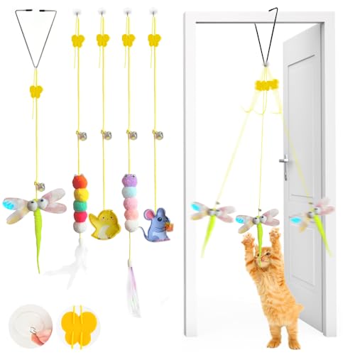 Interactive Cat Toys for Indoor Cats 5 Pcs, Self-Play Hanging Door Catnip Toys for Kitten, Adjustable Height Retractable with Feather and Bell for Indoor Kitten Play Chase Exercise
