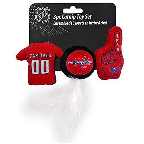 NHL WASHINGTON CAPITALS Plush Cat Toys Set - 3 Piece, Filled with Fresh Catnip. Includes: Jersey, Hockey Puck with Feathers & #1 Fan. Team Logo - color: Washington Capitals