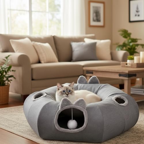 Odoland Linen Cat Tunnels & Central Cat Bed with 9 Interactive Cat Toys - color: Linen Cool Gray