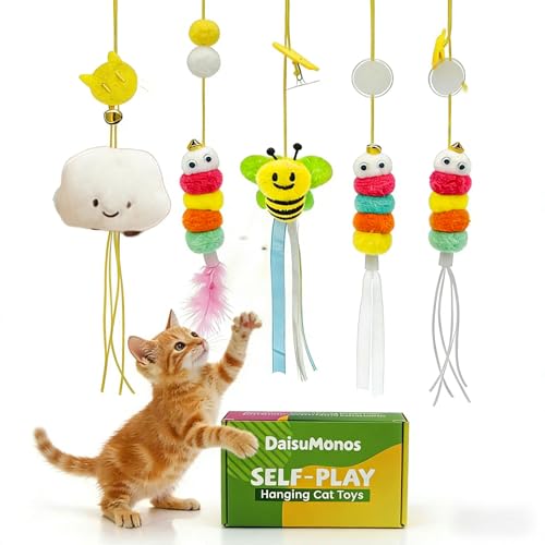 Hanging Cat Feather Toy 5 Pcs, Interactive Retractable Indoor Kitten Chase Exercise Toys Refill, Kitten Toys for Indoor Cats Self Play, Physical Mental Exercise for All Breeds and Species