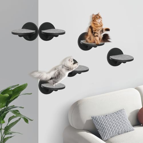 Cat Wall Shelves Furniture Set of 6, Wooden Cat Steps for with Scratching Pad, Sturdy Floating Climber Ladder Stairs, Cats Climbing Wall Systems for Cats Sleep Climb Play - color: black