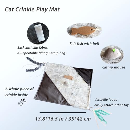 Cat Crinkle Mat with Mouse Toy,14x16" Interactive Cats Play Mat with Catnip - color: Grey