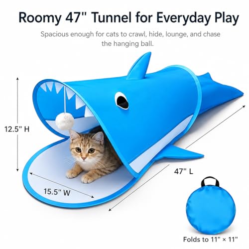 Blue Shark Cat Tunnel Toy, Collapsible Pop-Up Cat Play Tunnel with Interactive Hanging Ball & Storage Bag, Durable Polyester Interactive Cat Toy for Indoor Cats, Kittens