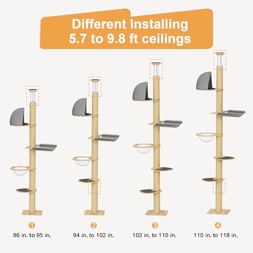 FUKUMARU Floor to Ceiling Cat Tree, 6-10 ft, 6 Level, Grey - color: Grey