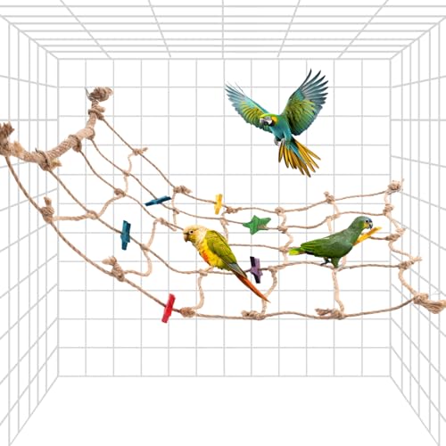 Parrot Climbing Rope Net, 21.65x20.87in Colorful Star Design Bird Hammock Ladder Seagrass Mat Chew Toys with 4pcs Hooks Cockatiels Cage Accessories for Pigeons Cockatoos Parakeets