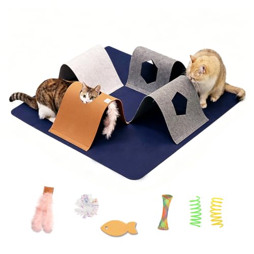 Cat Tunnel Mat for Indoor,4-Way Felt Cats Play Mat Cat Cave for Hide & Seek - color: Navy Blue